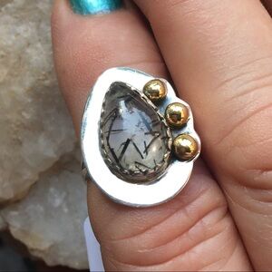 Tourmalinated quartz two-tone 925 sterling ring